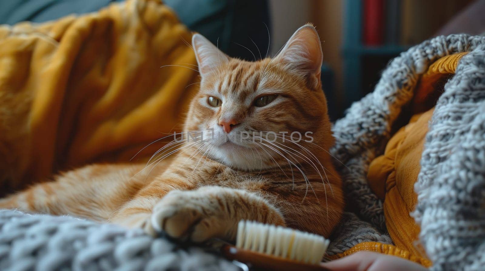 A cat being brushed by its owner on a couch, Regular grooming in pet care, Pet's health and well being.