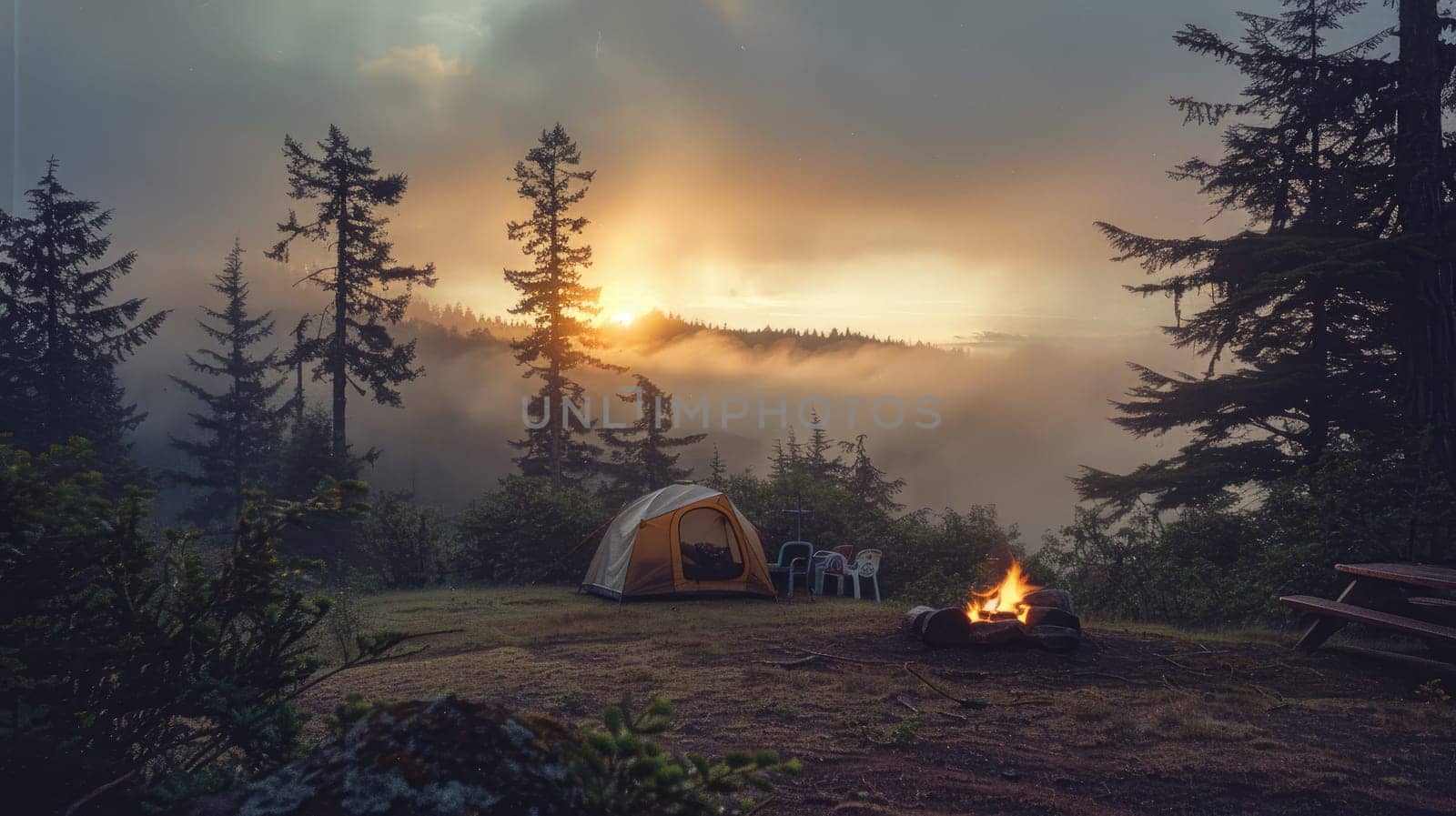 A campsite with a yellow tent, a fire pit, and a bench. The sky is cloudy and the sun is setting