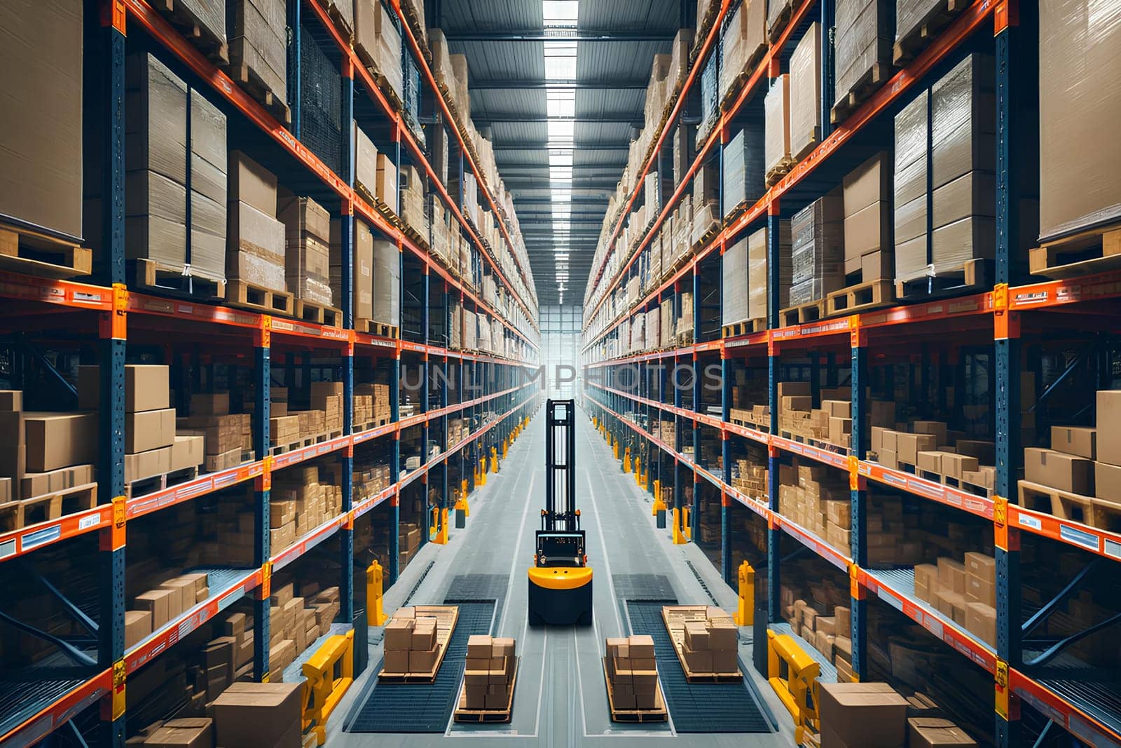 logistics warehouse with rows of shelves and racks filled with goods.