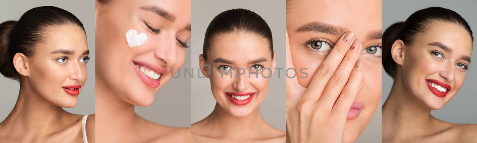 Collage of attractive young woman in various poses against grey background, showcasing natural beauty and skincare.