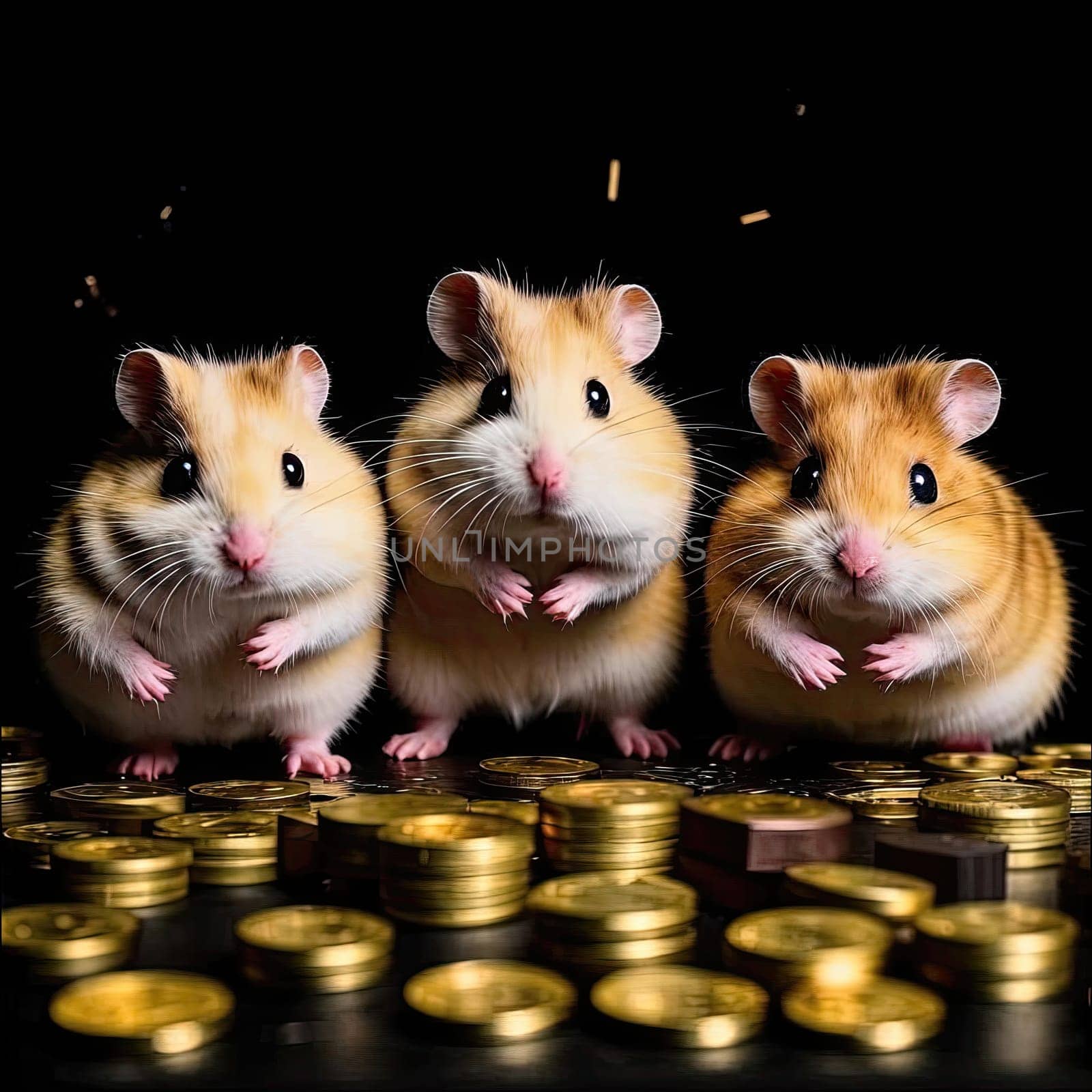 Photo of a cute hamster with coins flying and lying on the floor on a black background. An exciting game for money. Click on the furry animal and win.