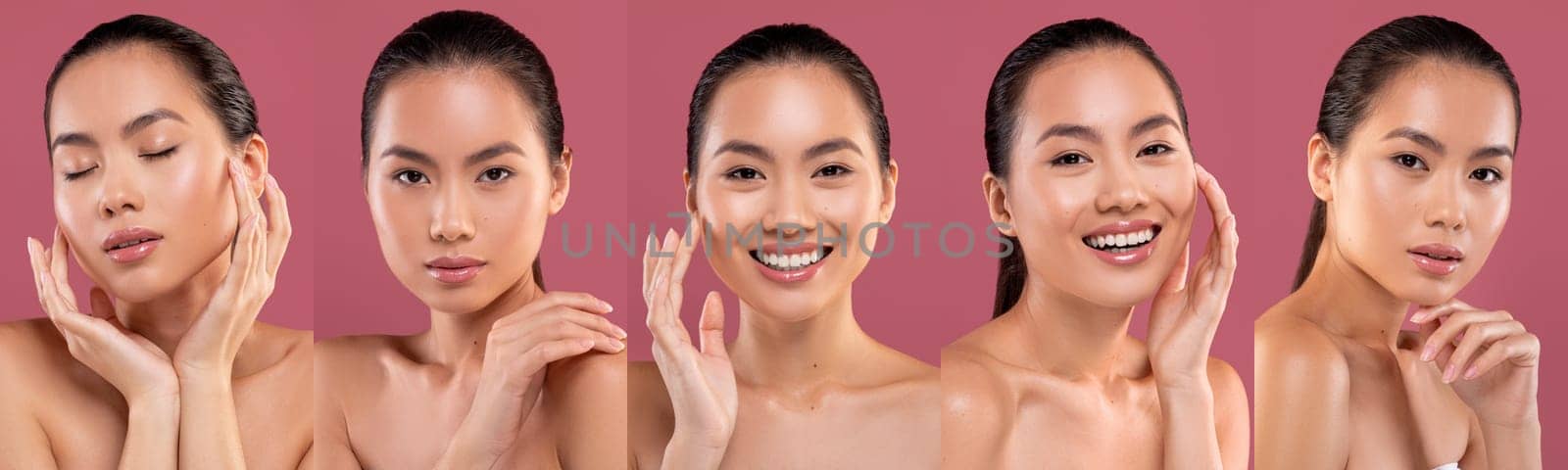 Collage of a beautiful Asian woman in various poses against a pink background, showcasing natural beauty and skincare.