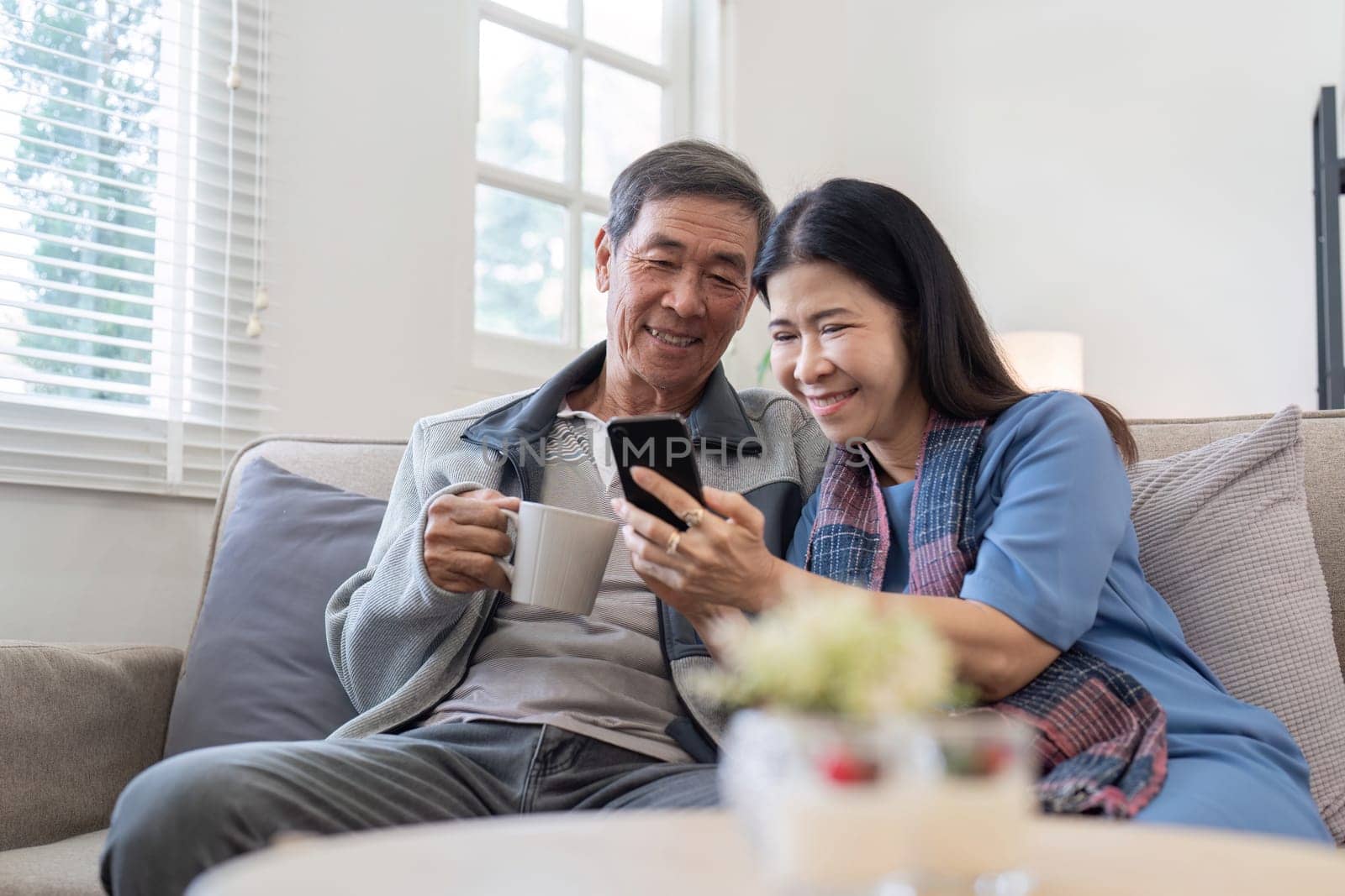 Happy elderly couple sitting on a couch, using a smartphone for shopping and social media, showcasing the joy of modern technology.