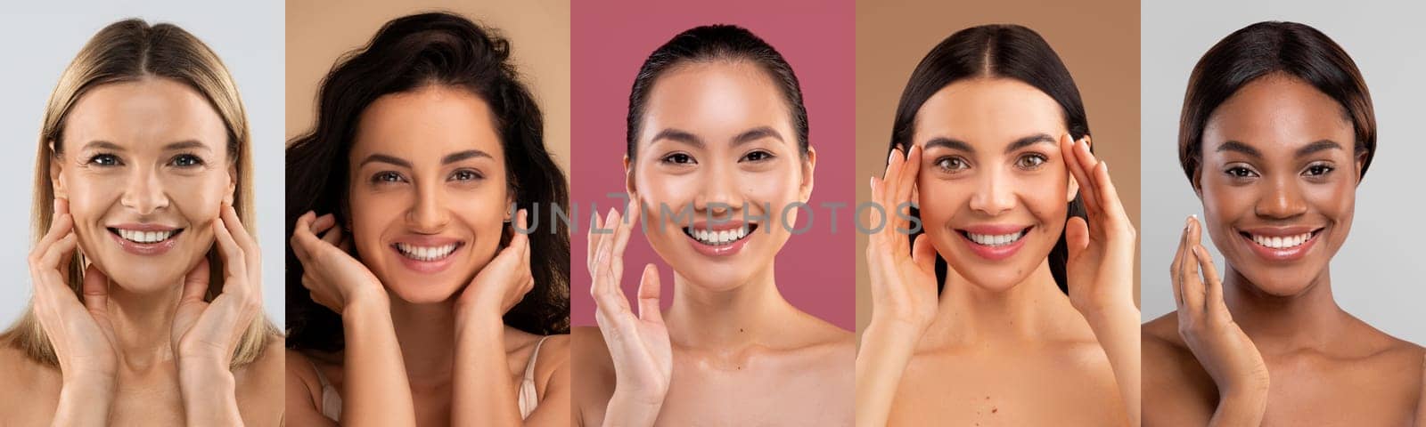 Collage of multiracial women smiling in portrait mode, showcasing different skin tones and natural beauty, panorama