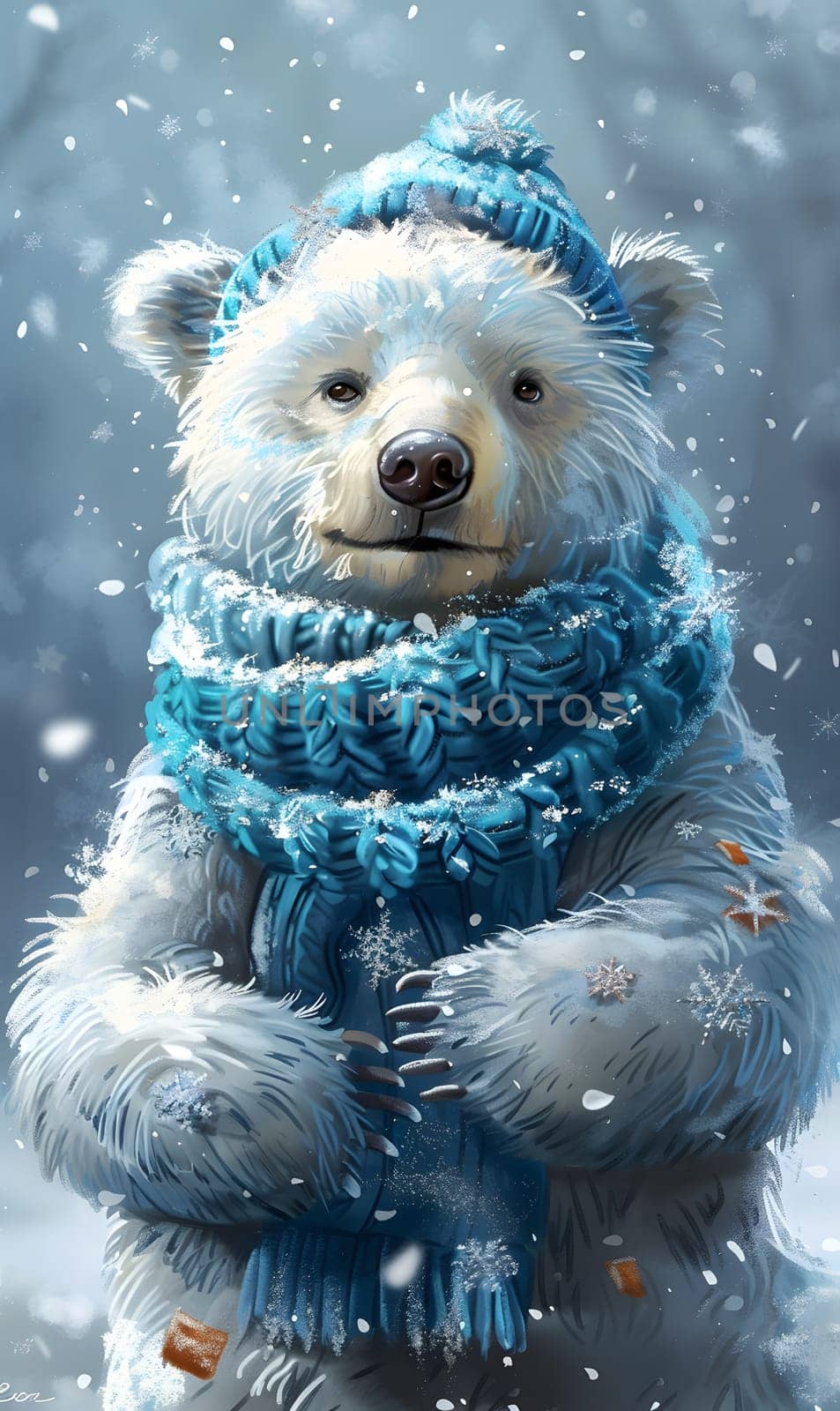 An electric blue hat and scarfclad polar bear, a carnivorous terrestrial animal, stands in the snow. Its snout glistens with fluid from the liquid it drank