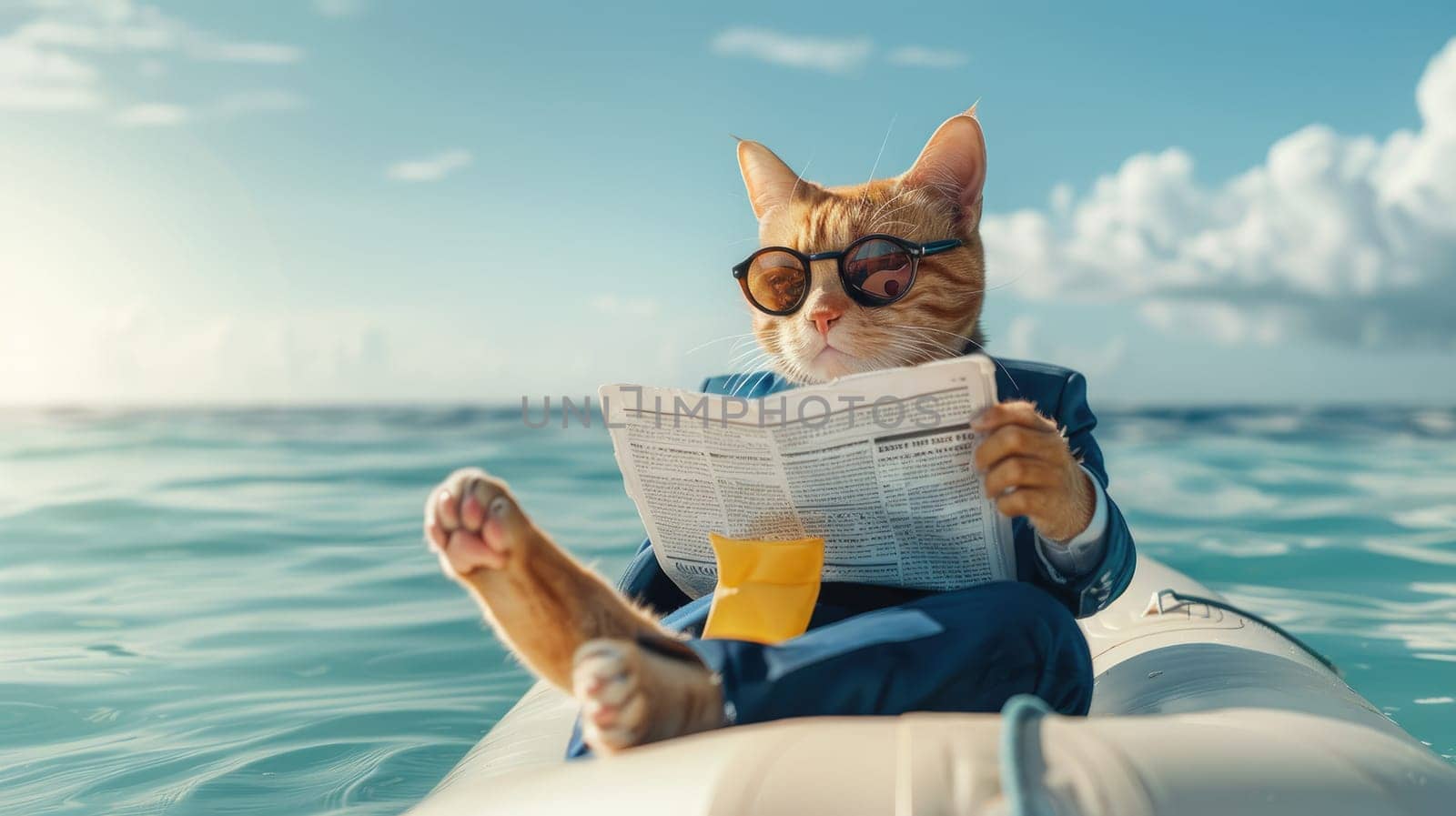 Cat in Suit Relaxes with Newspaper at Sea, Feline Executive by Chawagen