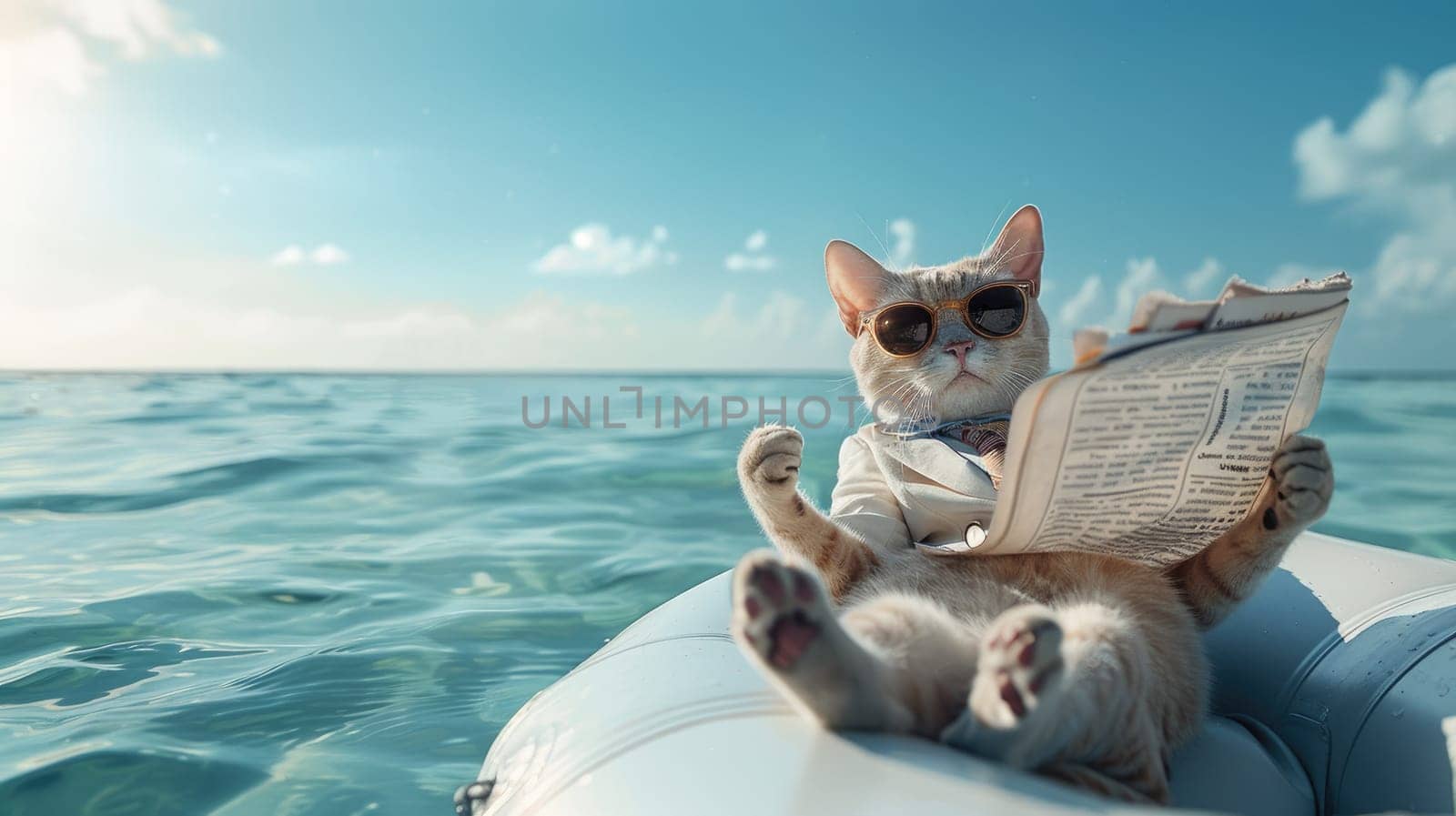 Cat in Suit Relaxes with Newspaper at Sea, Feline Executive by Chawagen