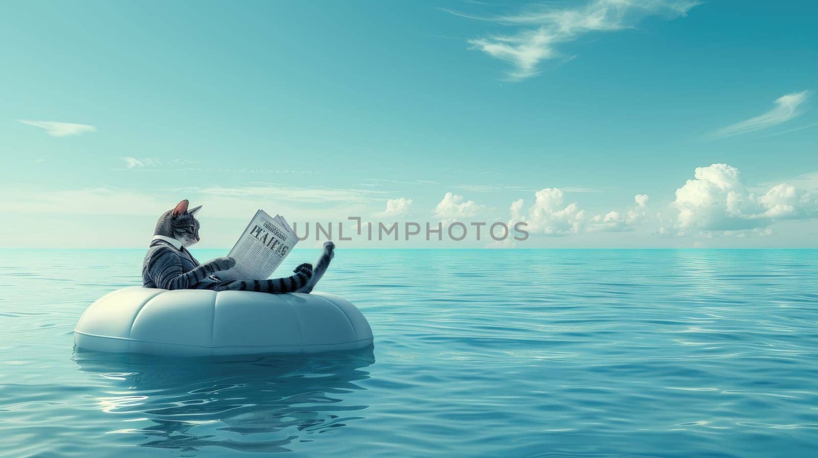 Cat in Suit Relaxes with Newspaper at Sea, Feline Executive by Chawagen