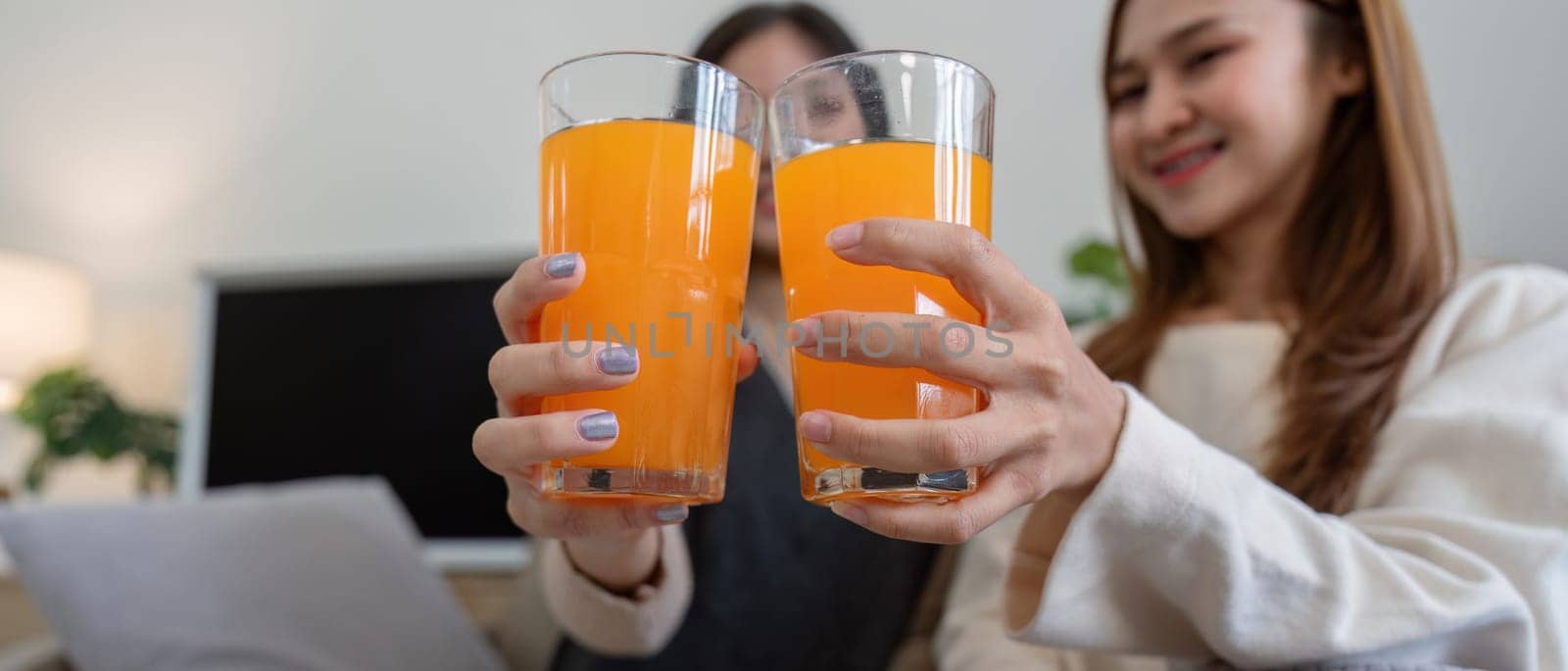 Lesbian Couple Enjoying Healthy Orange Juice at Home in a Modern Living Room Setting by nateemee