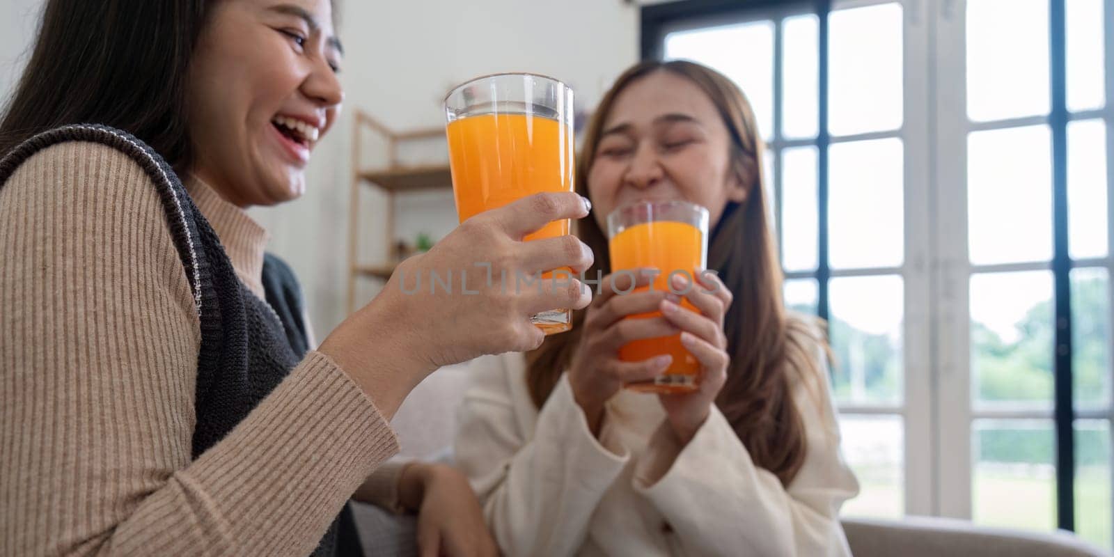 Happy Lesbian Couple Enjoying Fresh Orange Juice Together at Home in a Bright and Modern Living Room by nateemee