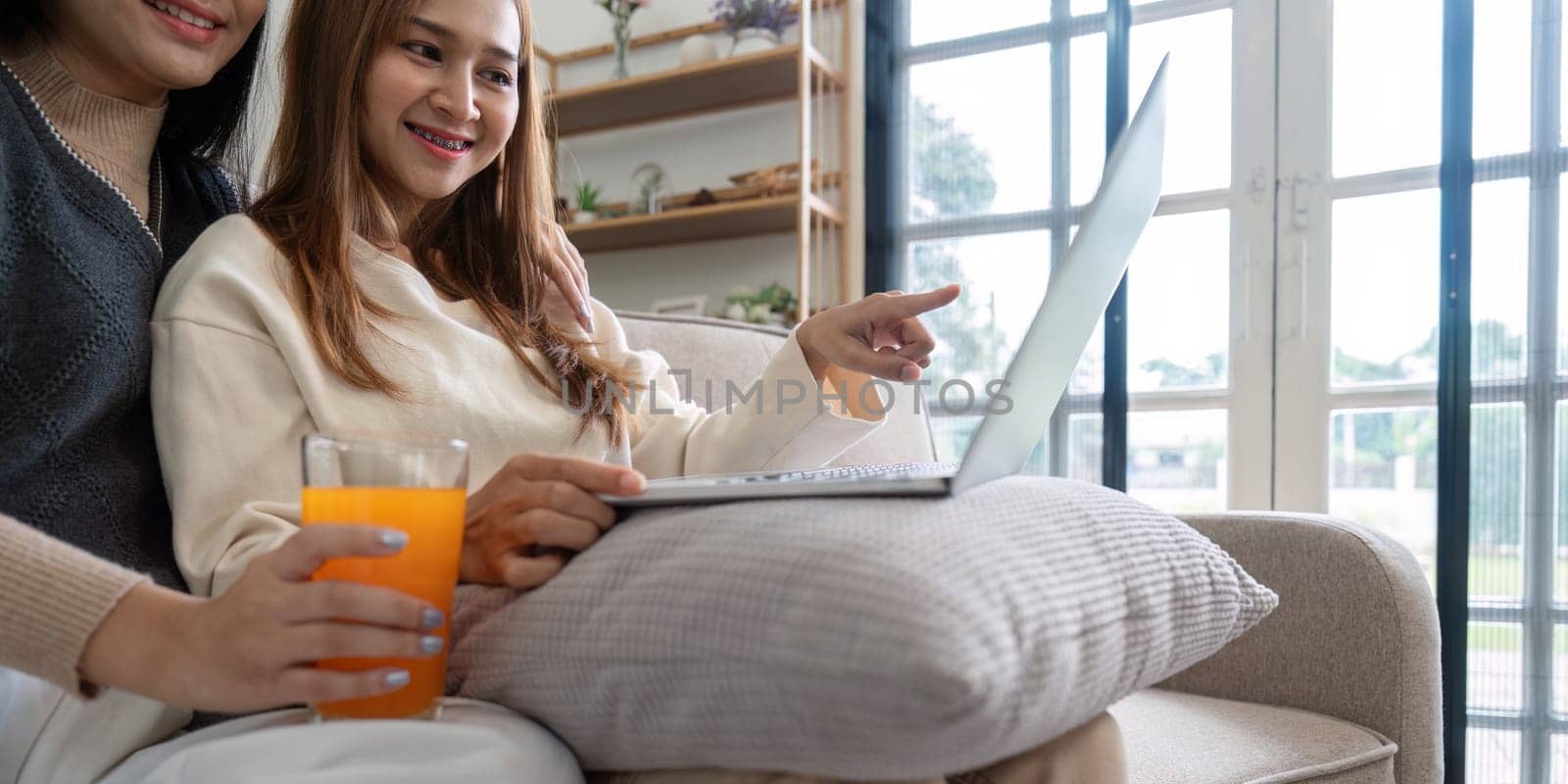 A happy lesbian couple drinks healthy orange juice and relaxes at home, enjoying time together on the couch with a laptop.