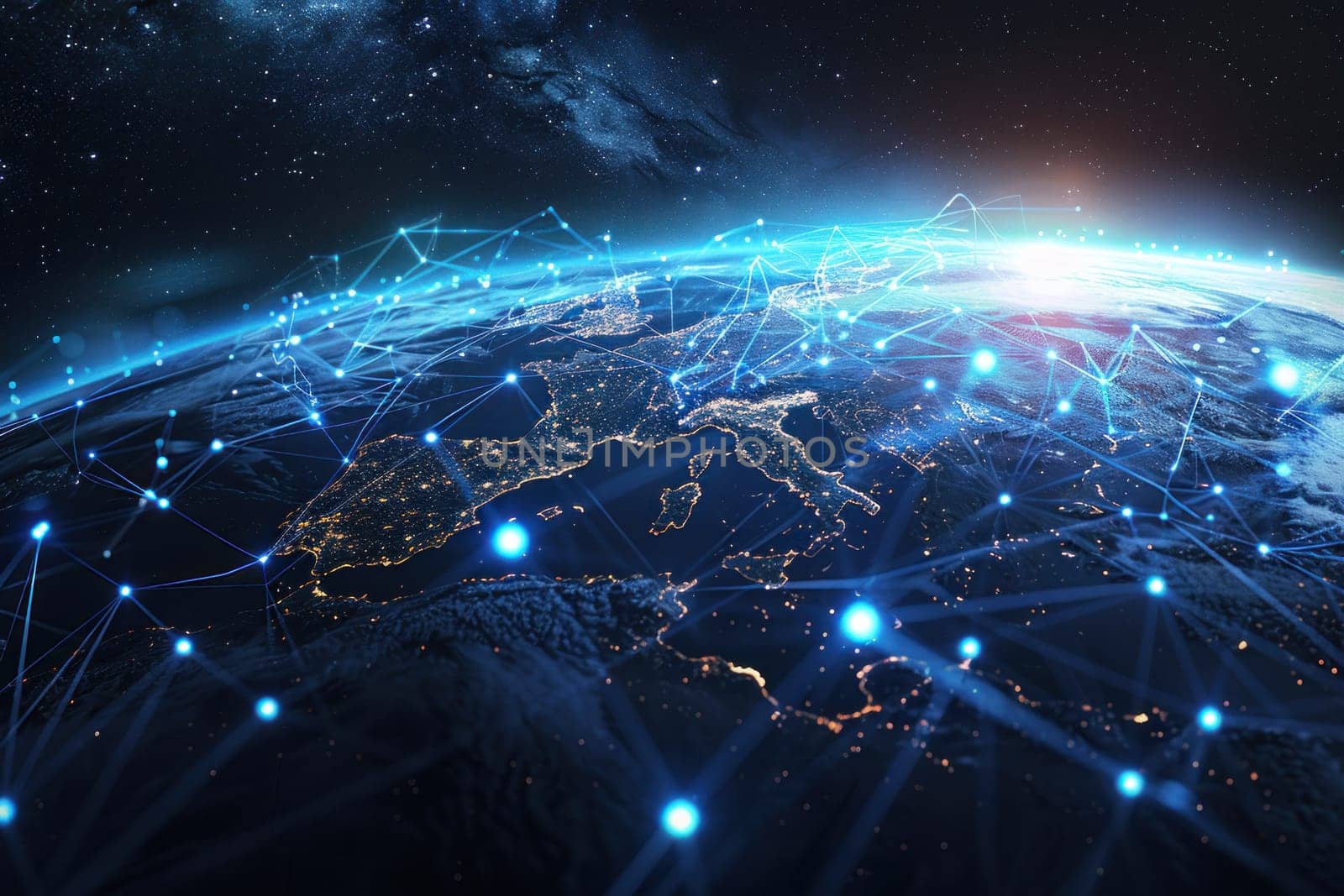 Global connections earth with network links and celestial stars in the background, 3d rendering illustration by nasa