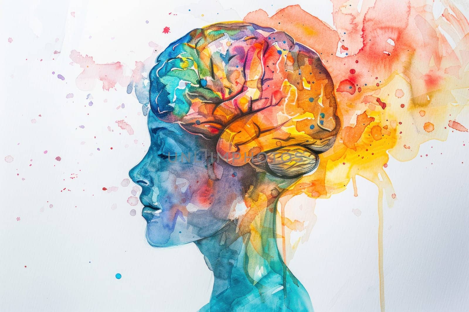 Watercolor painting of a woman's head with brain in center, exploring the intersection of beauty and science by Vichizh