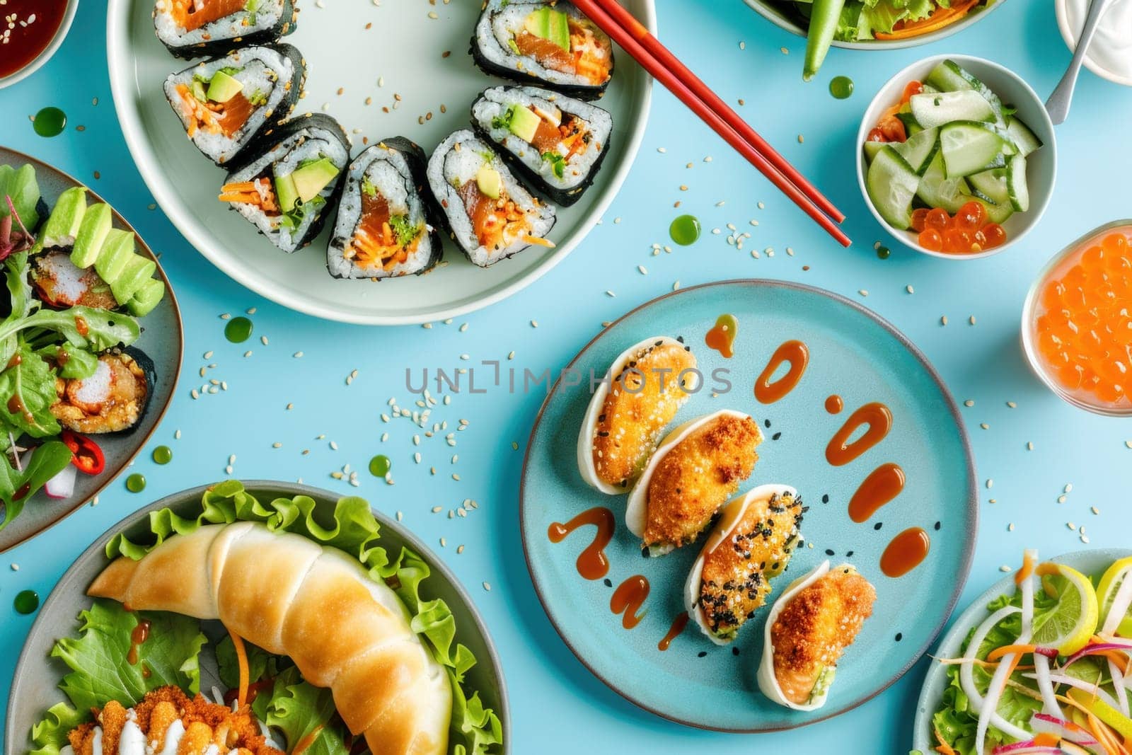 Delicious asian food arranged on blue plates with chopsticks and utensils for culinary travel inspiration