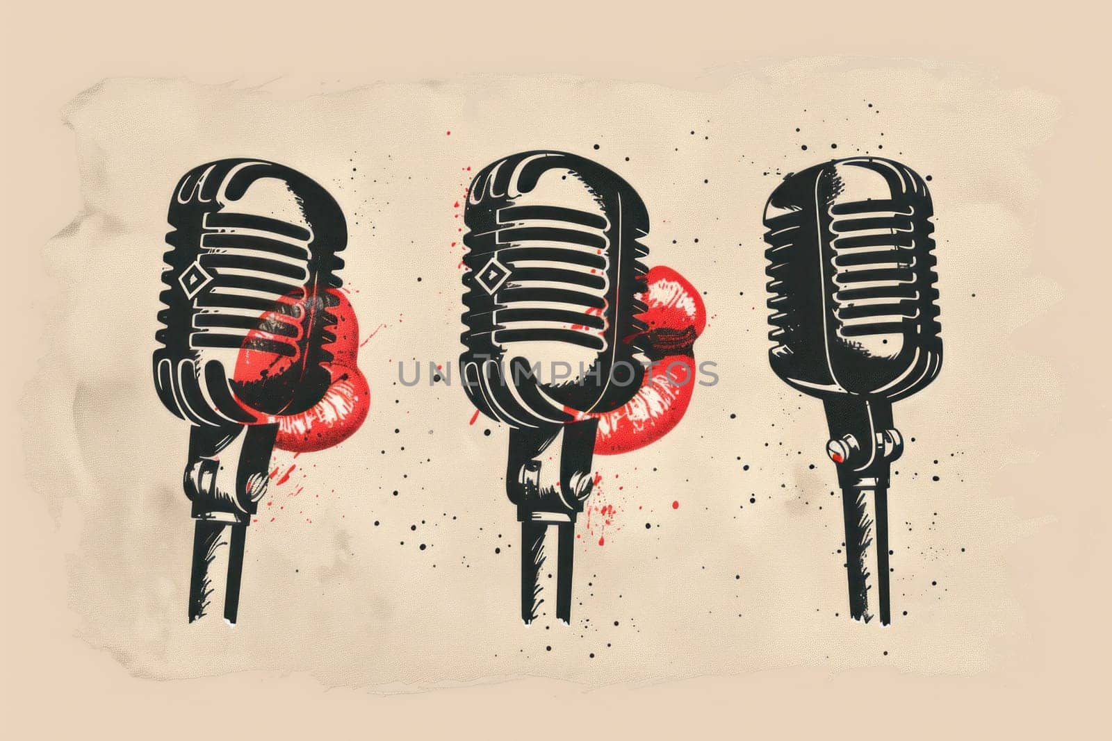 Vintage microphones with red lipstick on grunge background for beauty and music enthusiasts by Vichizh