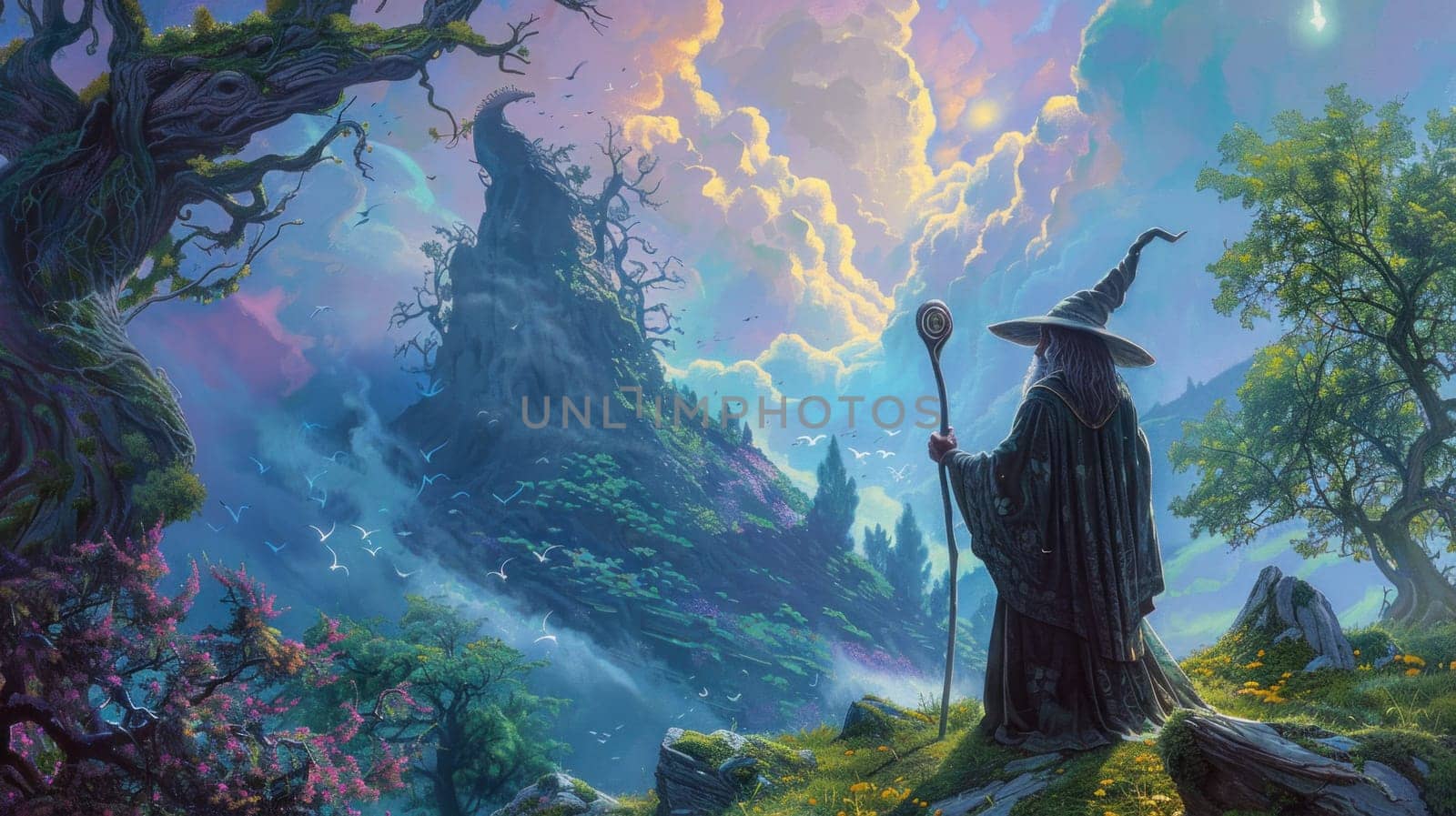 Wizard contemplating majestic mountain landscape with trees and clouds in the background on a magical journey by Vichizh