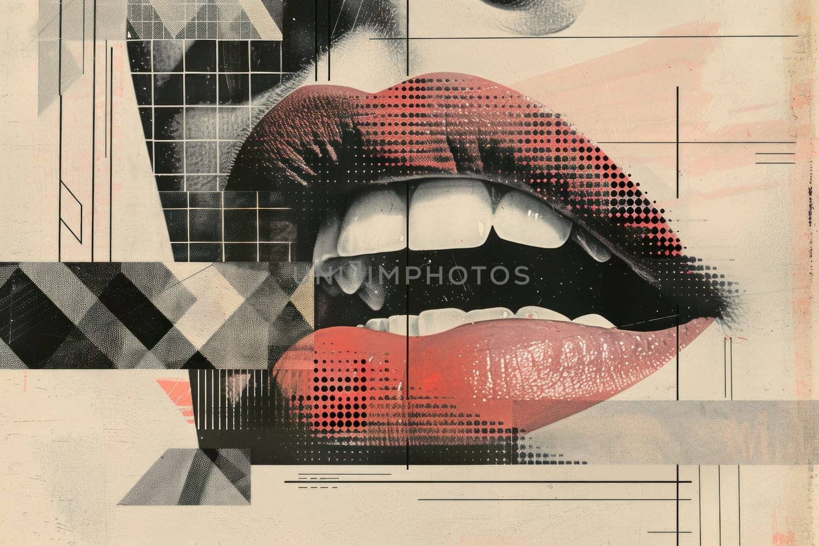 Beauty and artistic geometric shapes surrounding woman's luscious lips on poster for fashion event