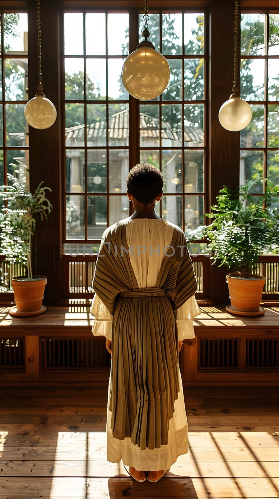 A woman in a robe stands by a window, gazing at the plant in a flowerpot. The hardwood flooring complements the houseplant fixture