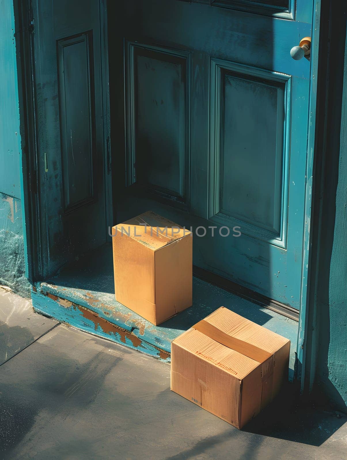 Two cardboard boxes by a blue door in a woodfloored room by Nadtochiy