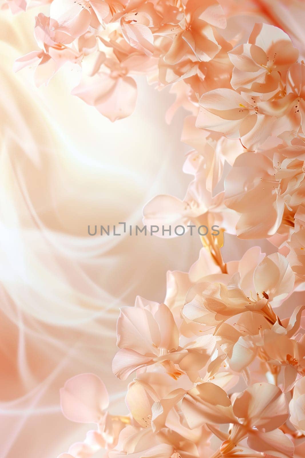 Delicate and ethereal, this image captures the essence of wedding with its soft, pastel-hued floral arrangement against light background, perfect for setting a romantic and dreamy mood. Generative AI