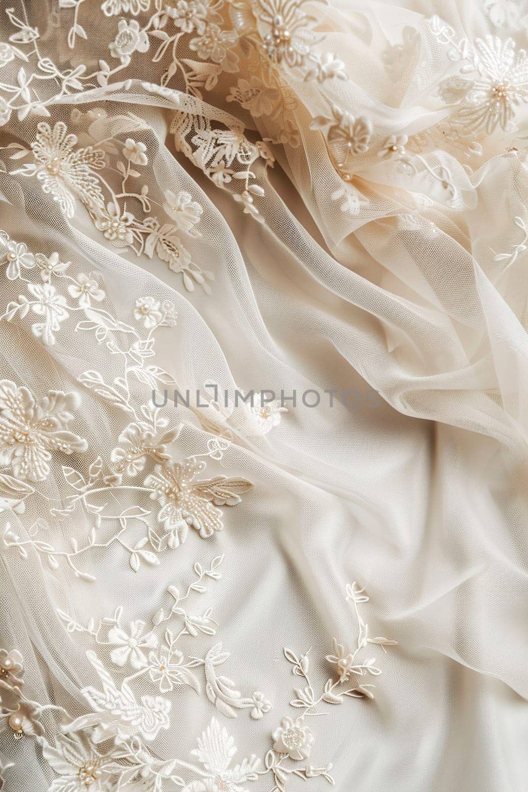 Elegant close-up of bridal fabric showcasing intricate floral embroidery on delicate tulle, perfect for wedding design backgrounds with its subtle textures and romantic appeal. Generative AI