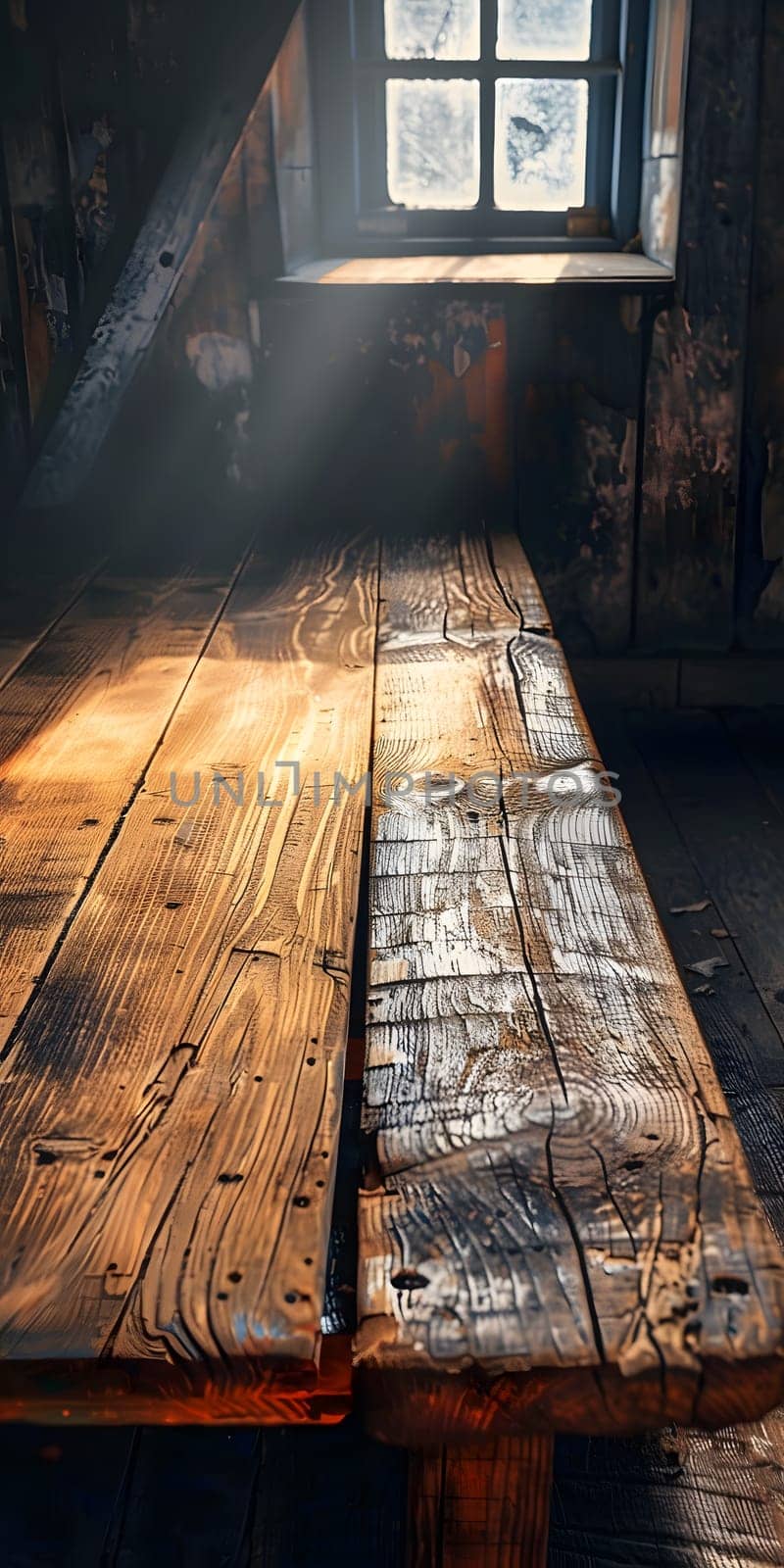 The suns rays highlight the wooden table, showcasing the natural beauty of the hardwood plank. The buildings flooring gleams with a warm wood stain