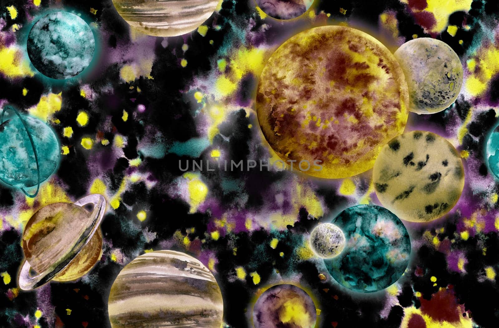 seamless pattern with Realistic solar system in watercolor against a bright starry sky background for textile and surface design