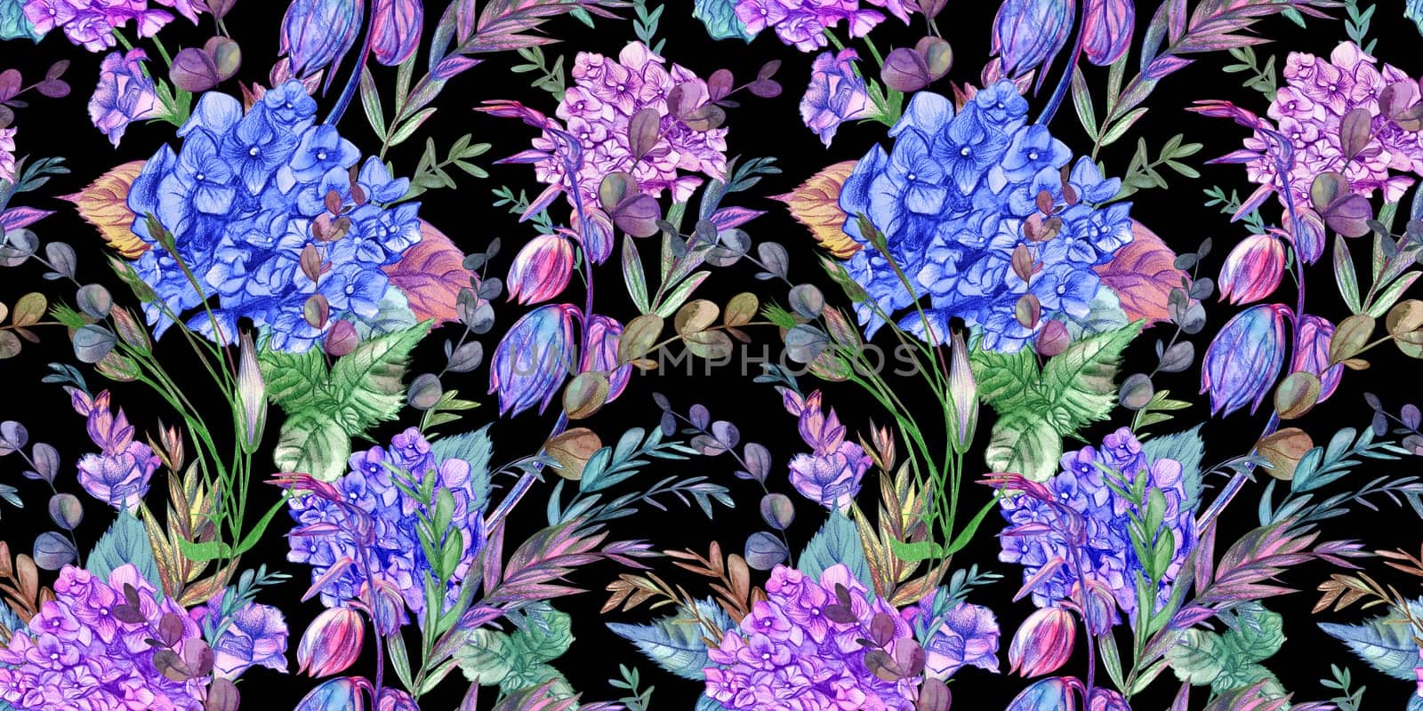 Seamless watercolor pattern drawn in pencil with hydrangeas and summer plants