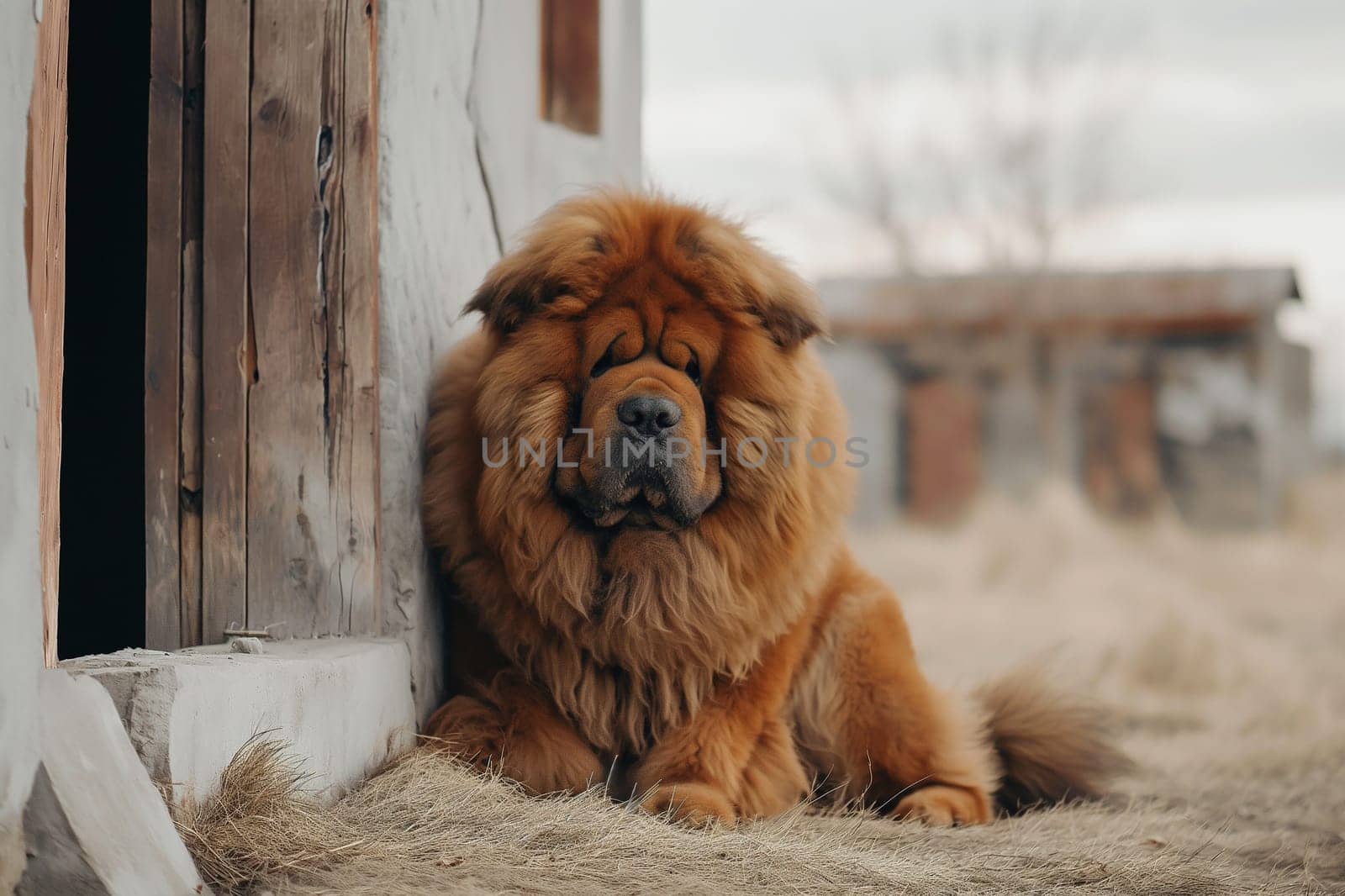 Fluffy Chow Chow dog resting by a rustic barn, furry and adorable pet outdoors with cute eyes