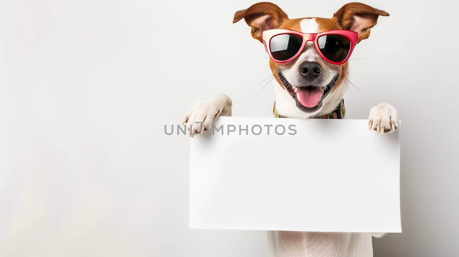 Cute dog with sunglasses holding a blank sign poster, smiling and looking so happy and funny