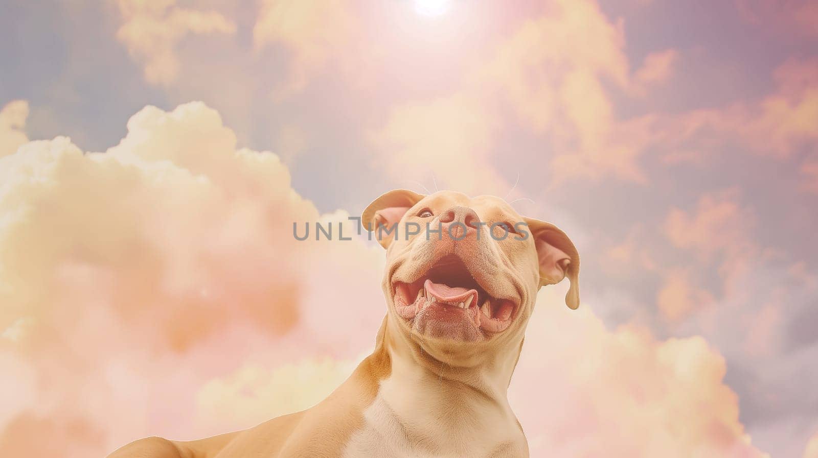 Happy dog smiling under the bright sky with clouds on a joyful sunny day outdoors