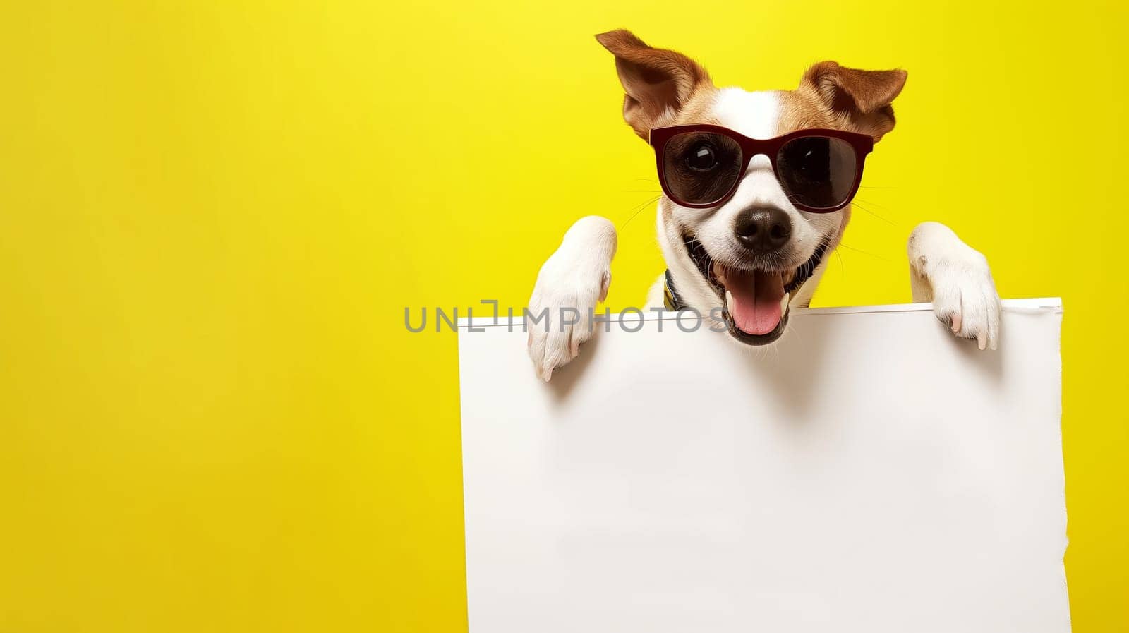Happy dog wearing sunglasses with yellow background and blank poster, smiling cute and funny
