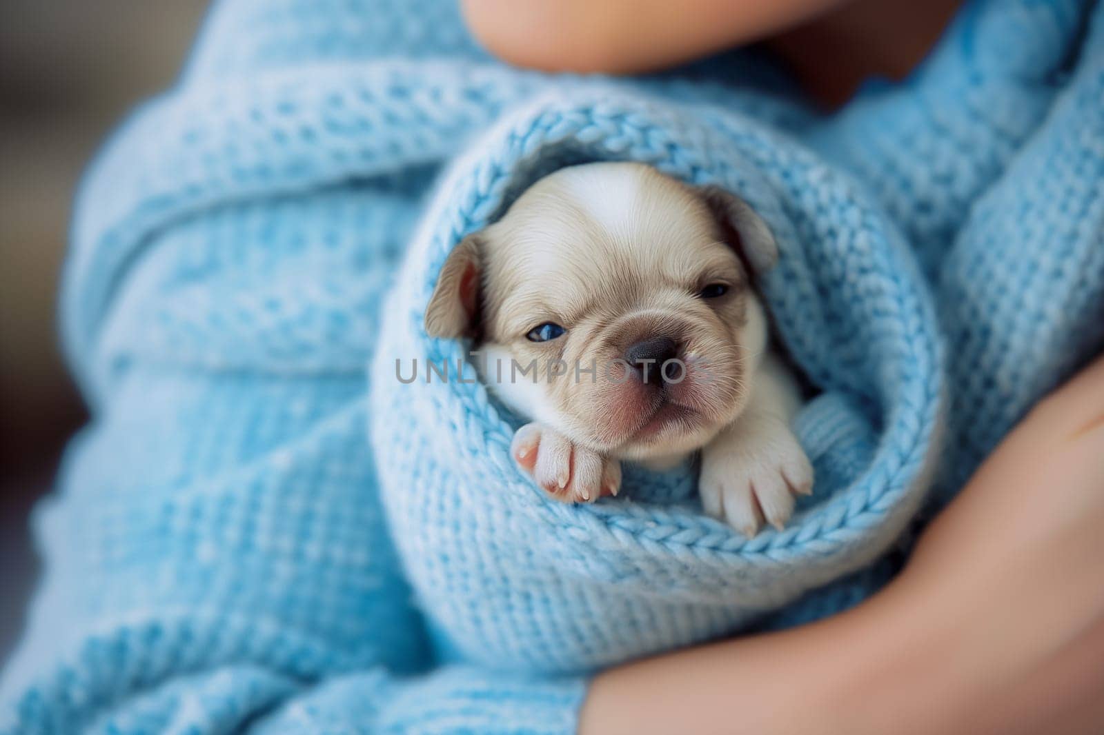 Adorable newborn puppy wrapped in a blue blanket with a cute, cozy and soft appearance