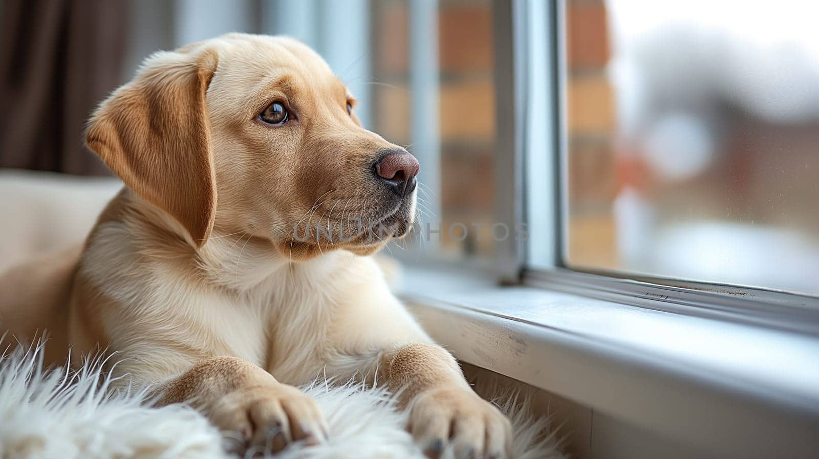 Cute Labrador puppy relaxing indoors by the window, with fur and pet features