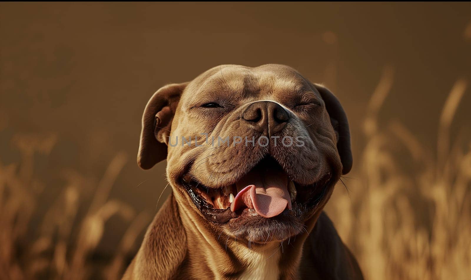 Happy smiling brown dog with tongue out portrait outdoor in the grass and cute expression