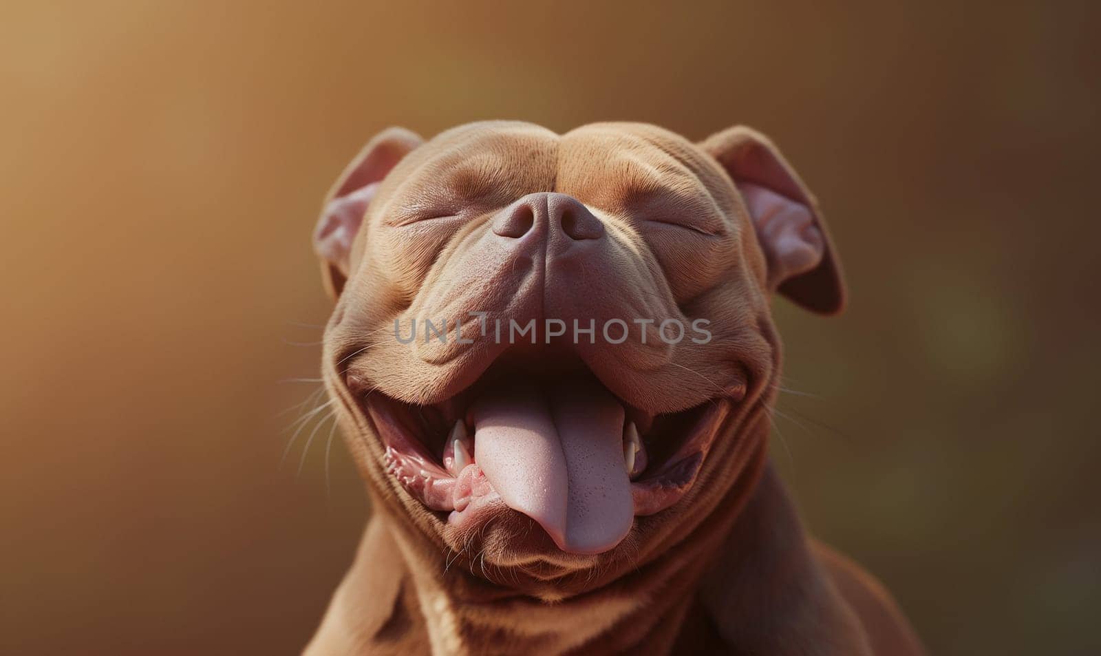 Adorable brown puppy portrait with a happy, smiling face showing teeth and tongue closeup