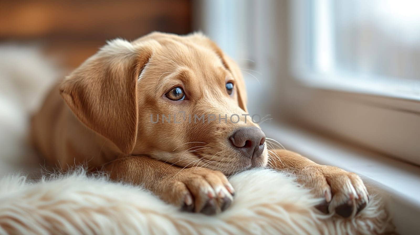 Cute golden puppy dog lying by the window in a cozy home, looking adorable and furry