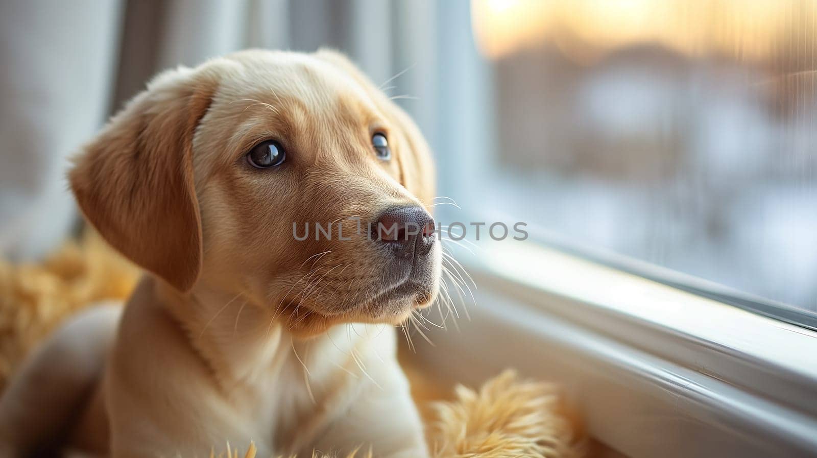 Adorable golden puppy with beautiful eyes resting by the window in warm sunlight