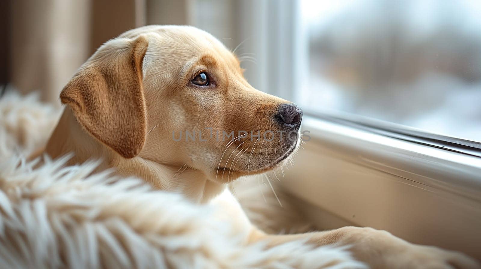 Adorable young labrador puppy resting by the window on soft fur with a contemplative gaze