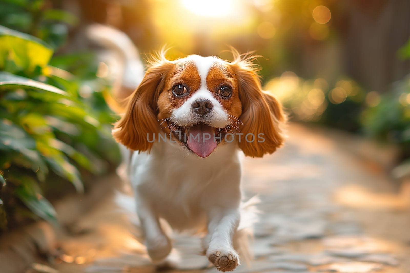Happy puppy dog Cavalier Spaniel running outdoors in sunlight on a cobblestone path joyful