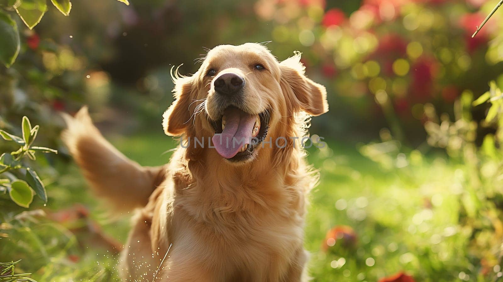 Happy golden retriever dog enjoying sunlight in the garden with green grass and outdoors scene
