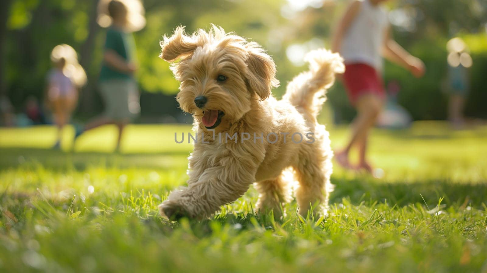 Cute playful puppy running on the grass outdoors during summer