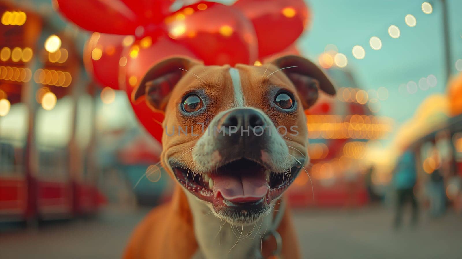 Happy smiling dog face closeup with red balloons in fun and joyful festive portrait