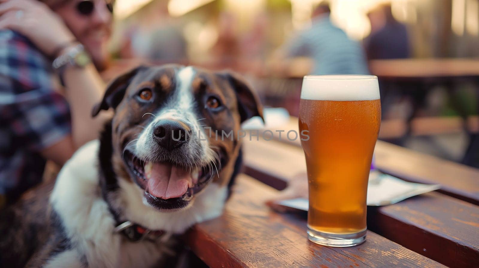 Dog and beer on an outdoor table, relaxed enjoyment for pet and drink in a happy, wooden setting