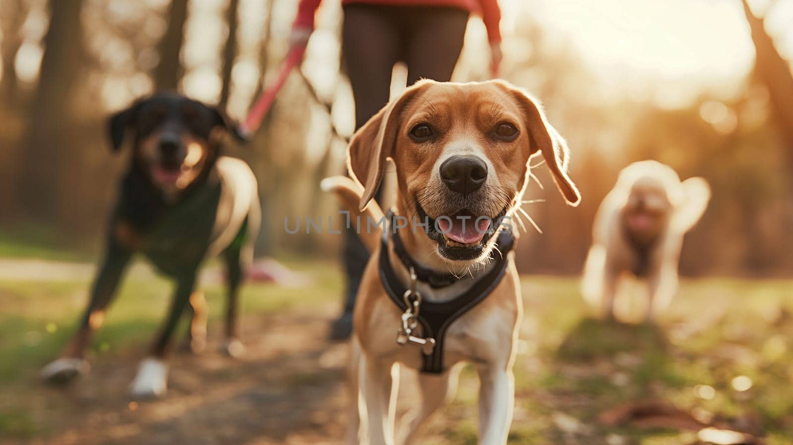 Beagle dogs on a leash walking in a sunlit autumn park with their owner