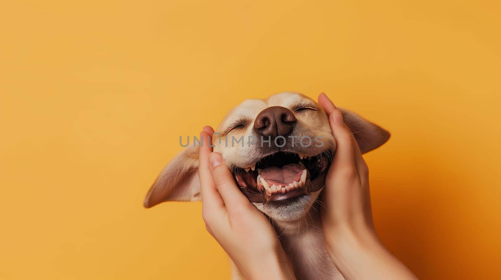 Joyful puppy laughter closeup with happy smiling face and yellow background, hands holding dog