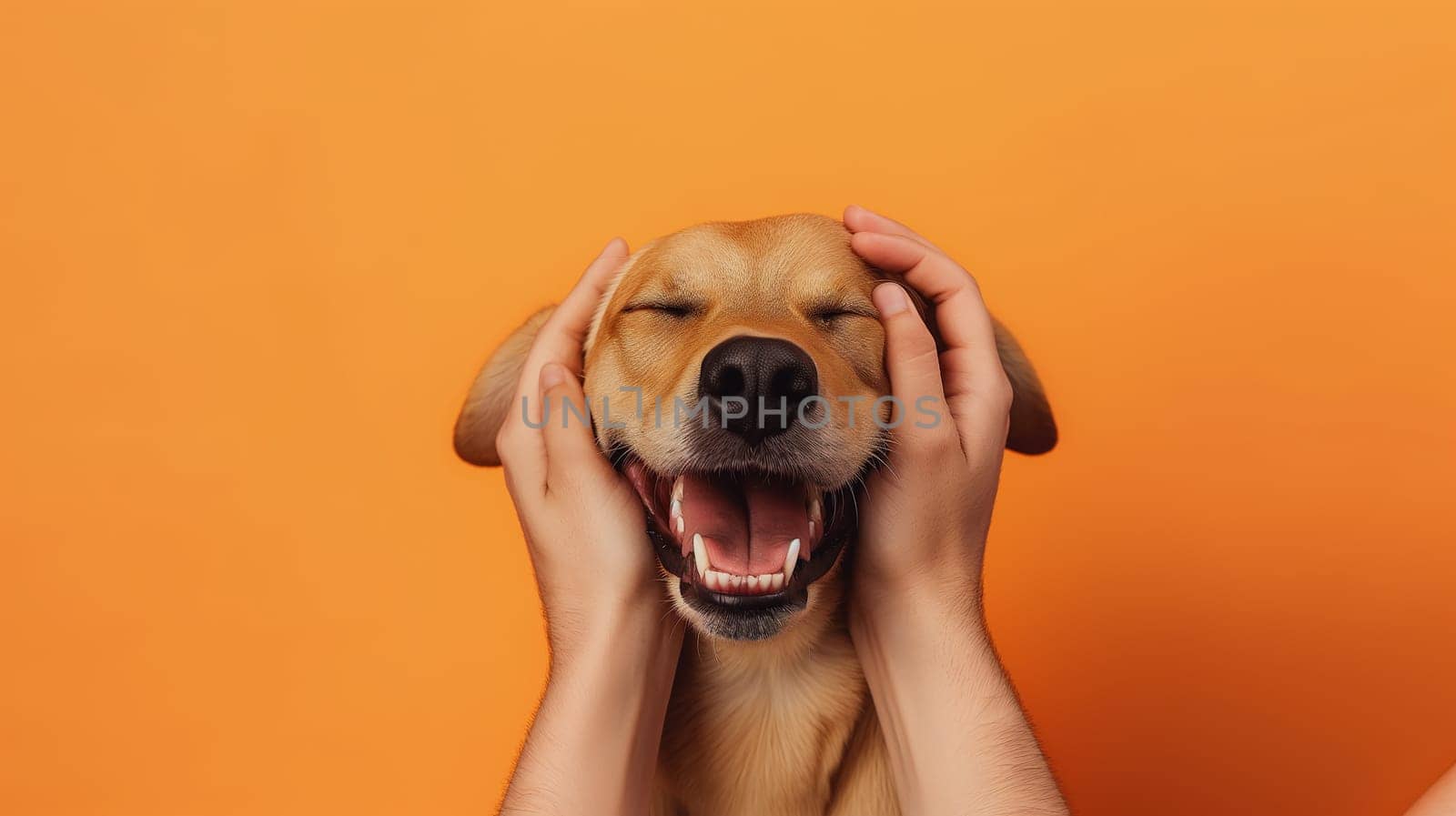 Happy dog smiling with hands on its face on orange background, cute pet portrait