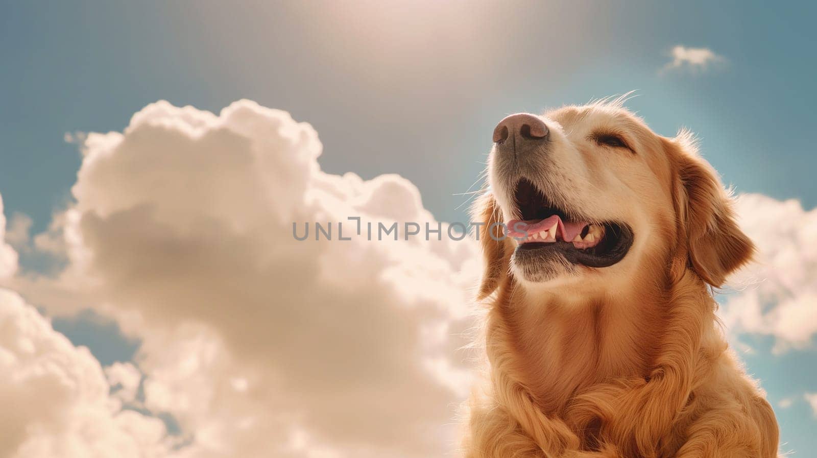 Happy golden retriever dog smiling under the bright sunlight with fluffy clouds in the sky