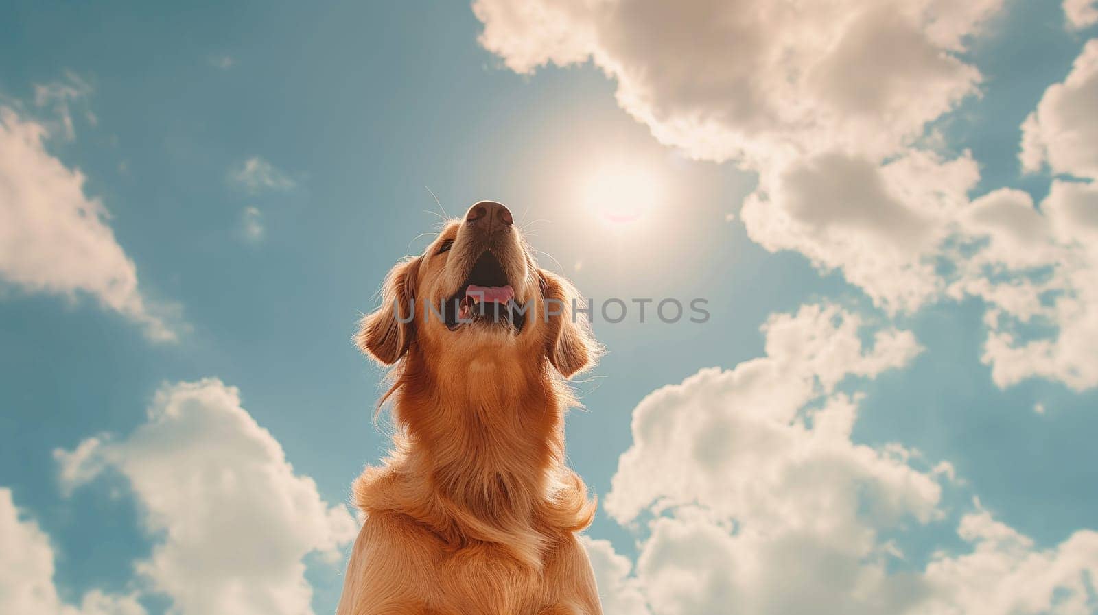 A happy golden dog under sunlight with blue sky and clouds in a joyful and bright day outdoors