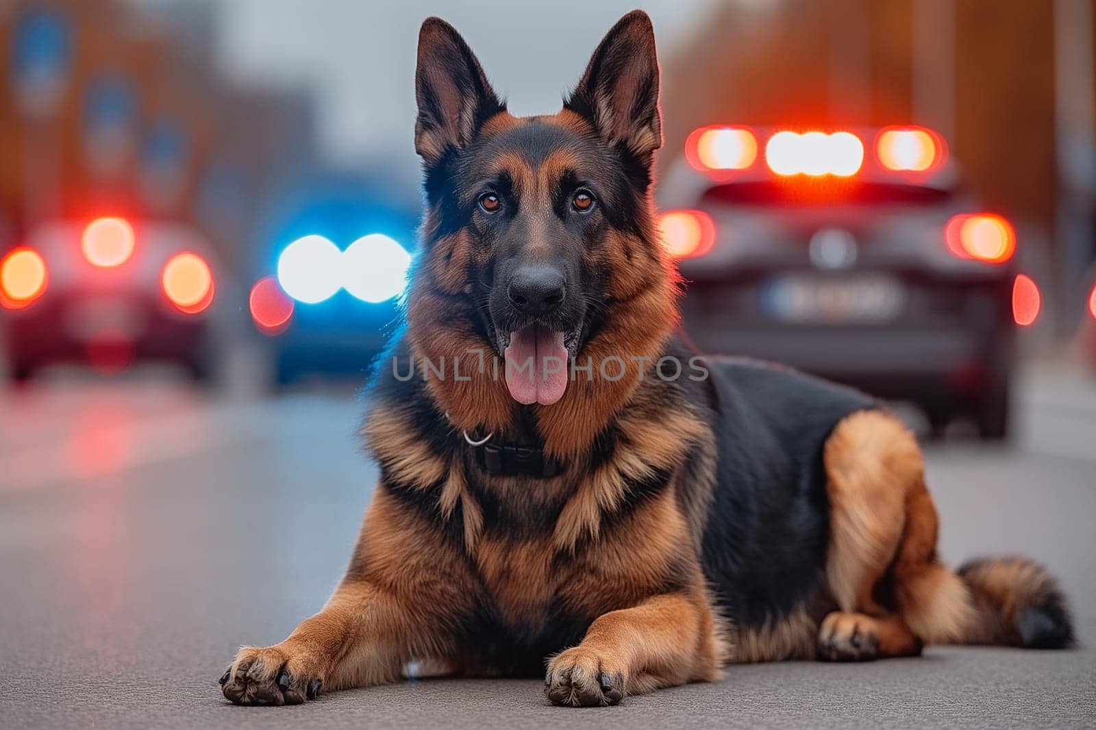 German shepherd police dog resting on road with patrol vehicle lights